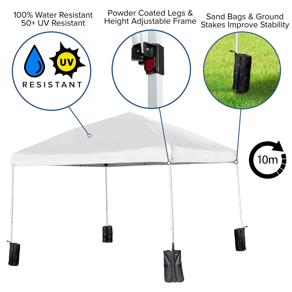 10'x10' White Pop Up Canopy Tent with Wheeled Case and Folding Bench Set S6138