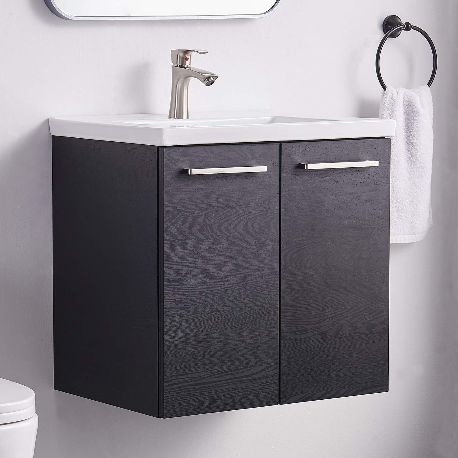Black Wall-Mounted Bathroom Vanity with White Integrated Undermount Ceramic Vessel Sink J211