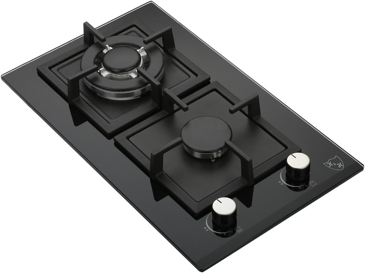 2 Burner 12 Inch Built-in LPG/Propane Gas Stove Top Glass Surface Cast Iron Cooktop K638