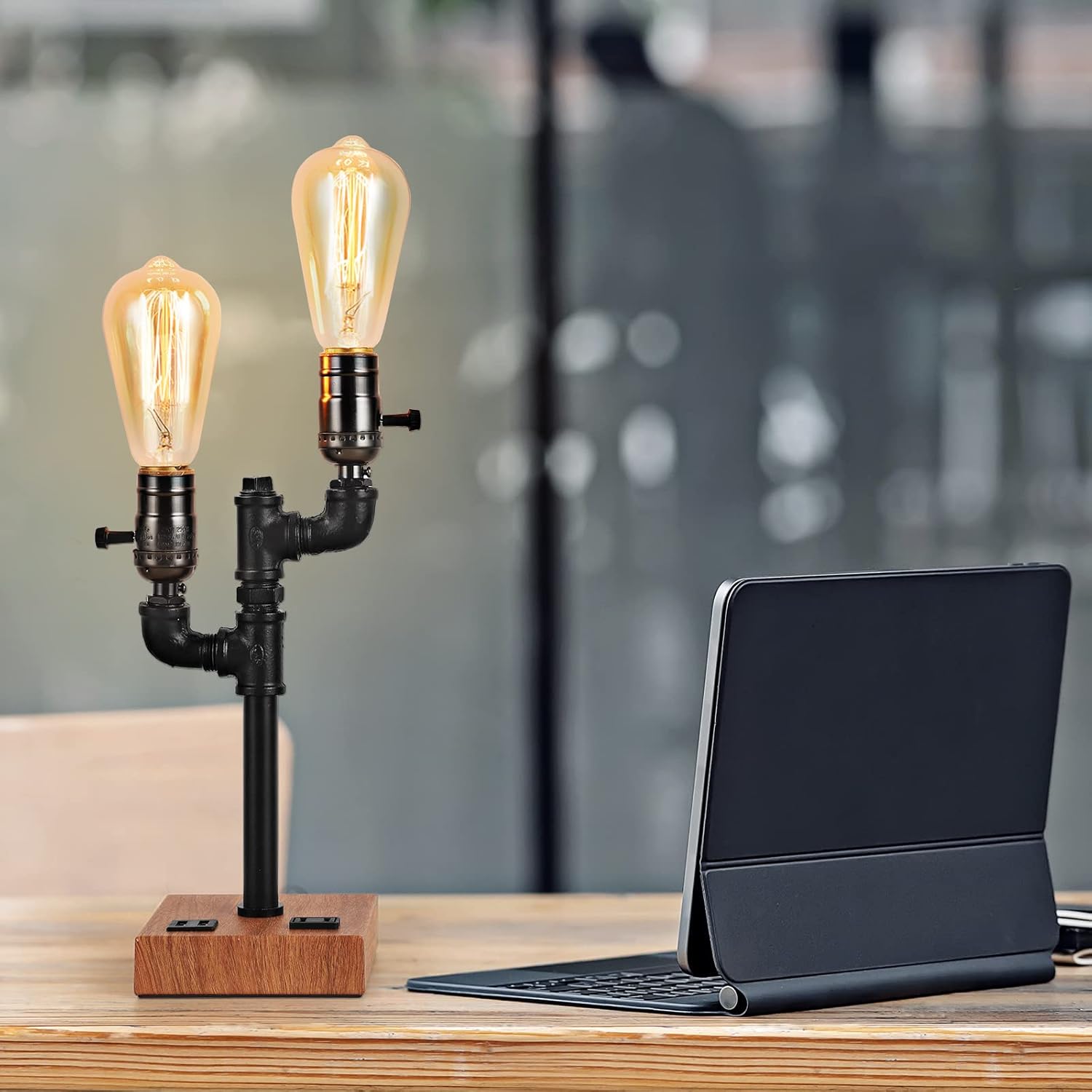 Industrial Table Lamp with 2 USB Ports AC Outlet Wood Base T28061