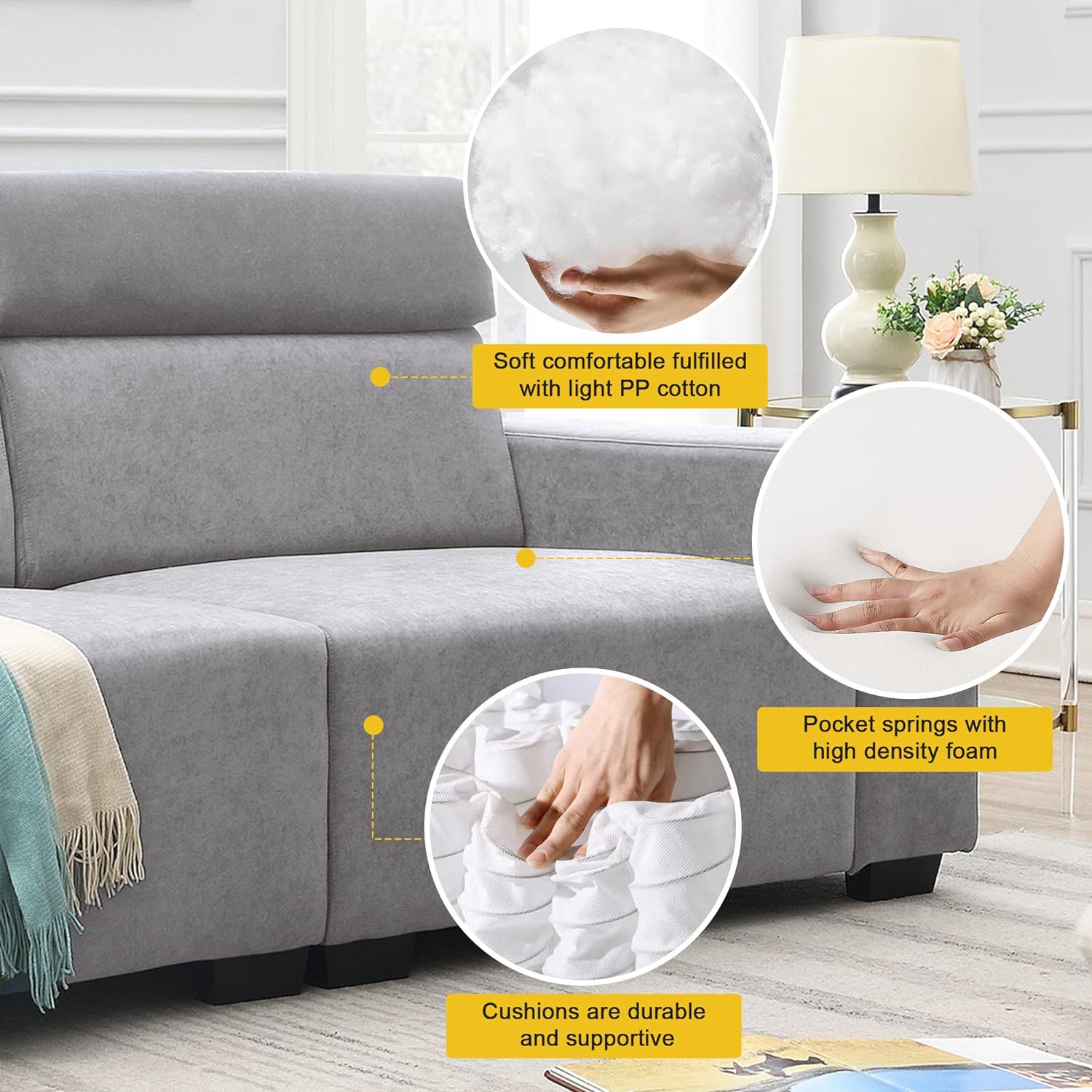 Light Grey Velvet Upholstered Sofa with Adjustable Headrests N136