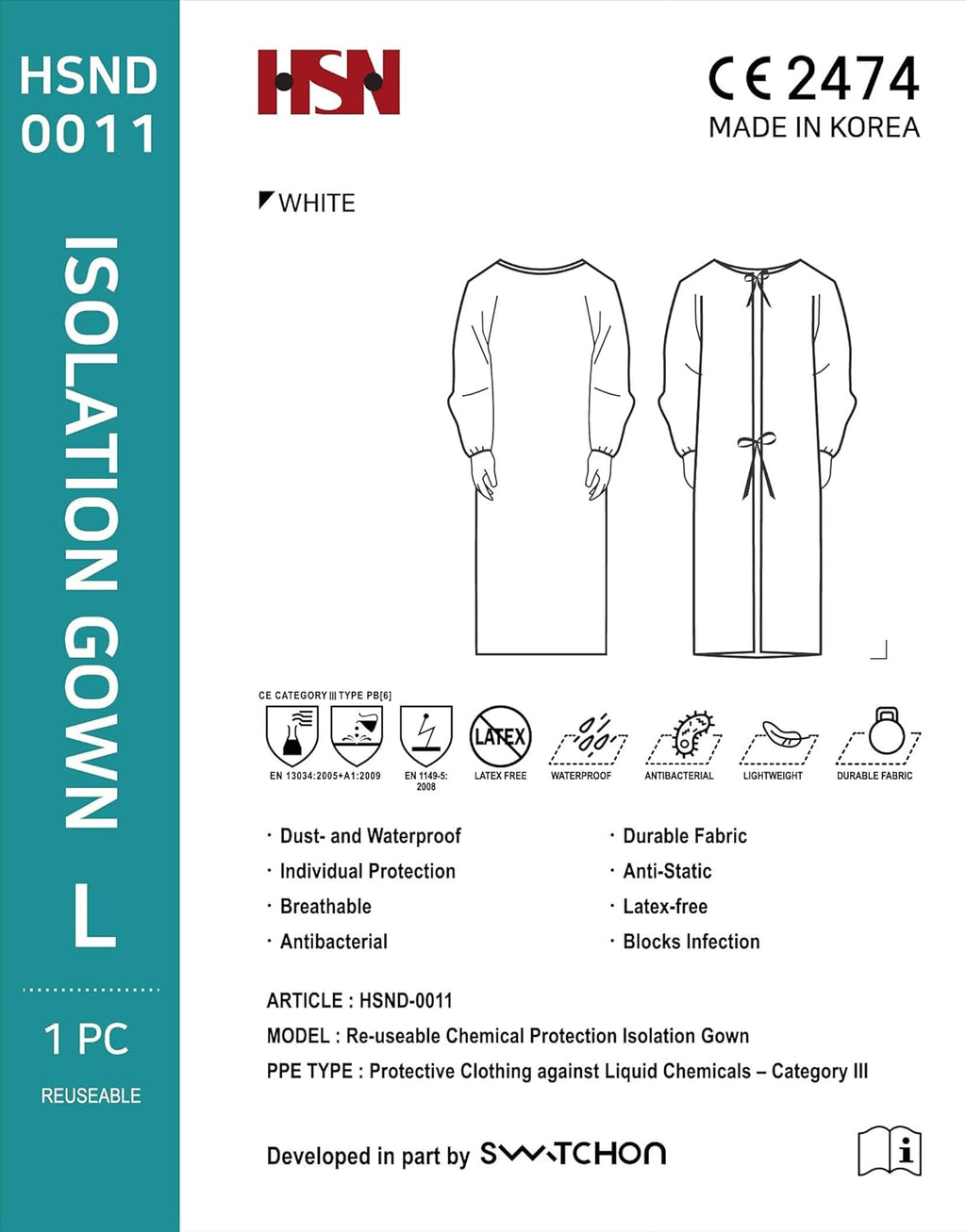 White Washable Reusable Isolation Gowns (Large) Q772358
