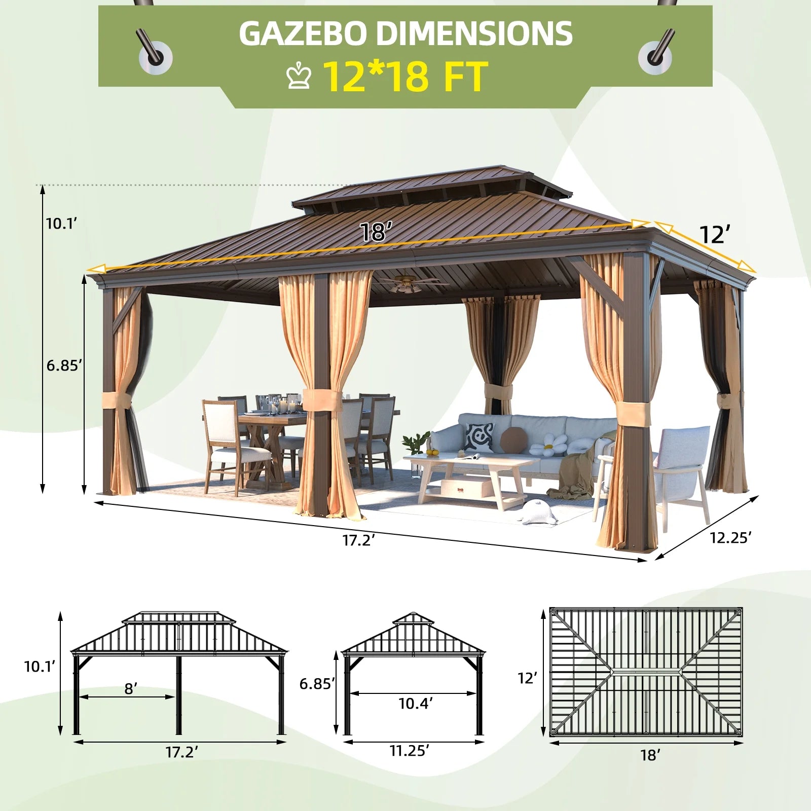 12' x 18' Hardtop Metal Double Roof Gazebo Y477