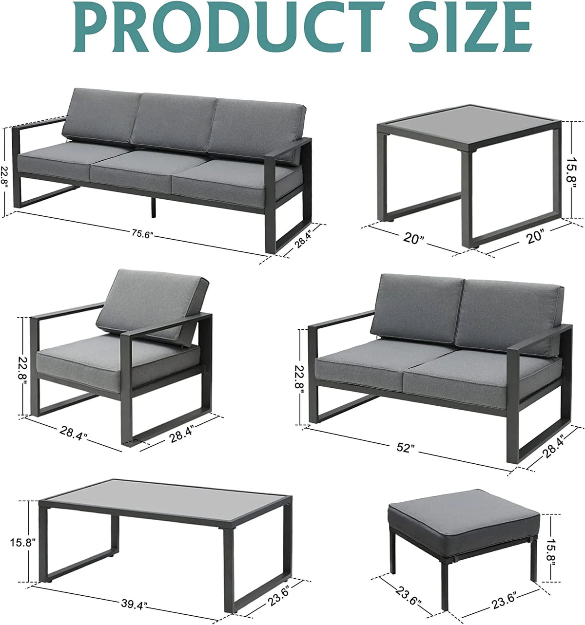Grey 8 Piece Aluminum Outdoor Sectional Sofa with Ottomans and Coffee Table V27092
