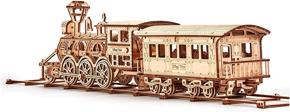Wooden Toy Train Set with Railway - 34x7″ - Mechanical Model Kit - 3D Wooden Puzzle - DIY Toy Pack of 2 G4074