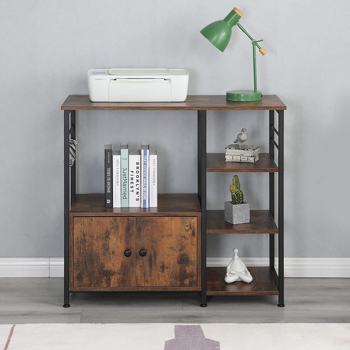 4-Tier Industrial Kitchen Baker's Rack with Storage and 8 Hooks, Rustic Brown B92146