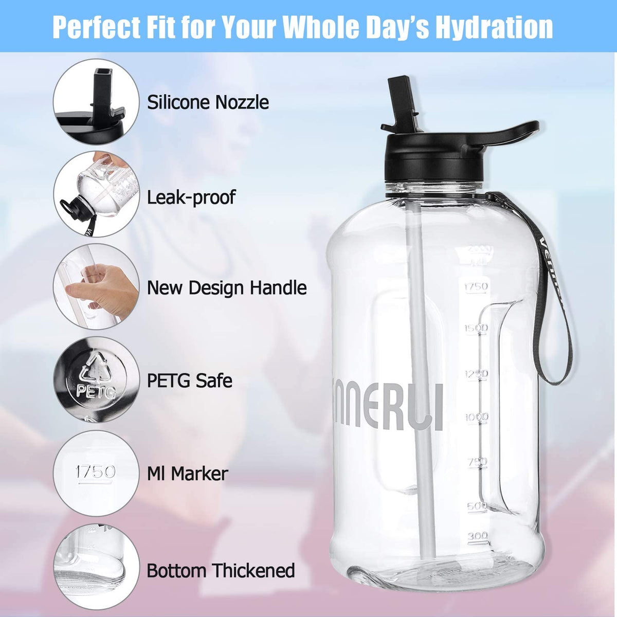Half Gallon Plastic Water Bottle with Straw 74oz L873159