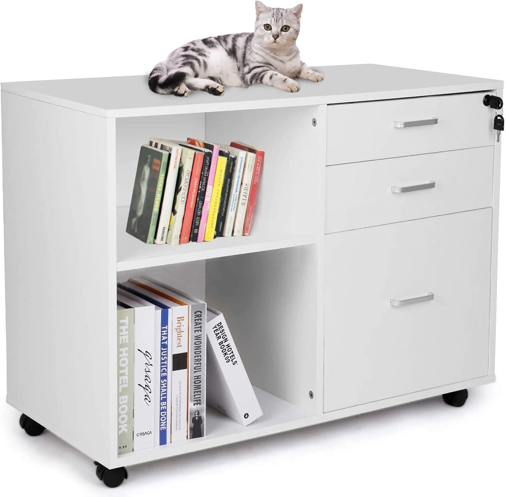 3-Drawer Wood File Cabinet with Lock and Open Storage Shelves F92213