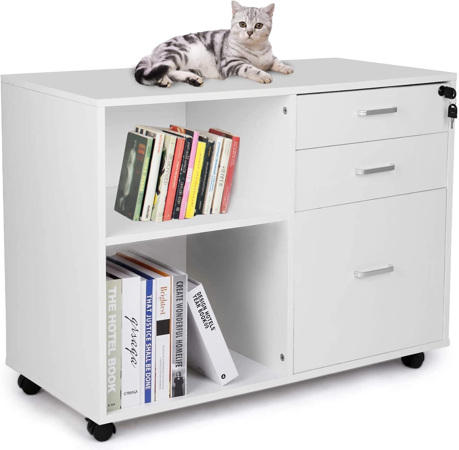 3-Drawer Wood File Cabinet with Lock and Open Storage Shelves F92213