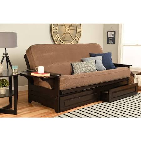 Espresso Full-Size Futon Frame with Innerspring Mattress and Storage Drawers C927