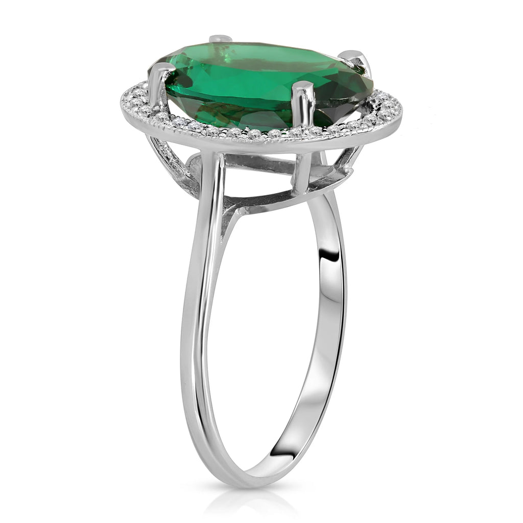 14K Solid White Gold Emerald Ring with Natural Diamonds Halo Ring (9.5) Y1800