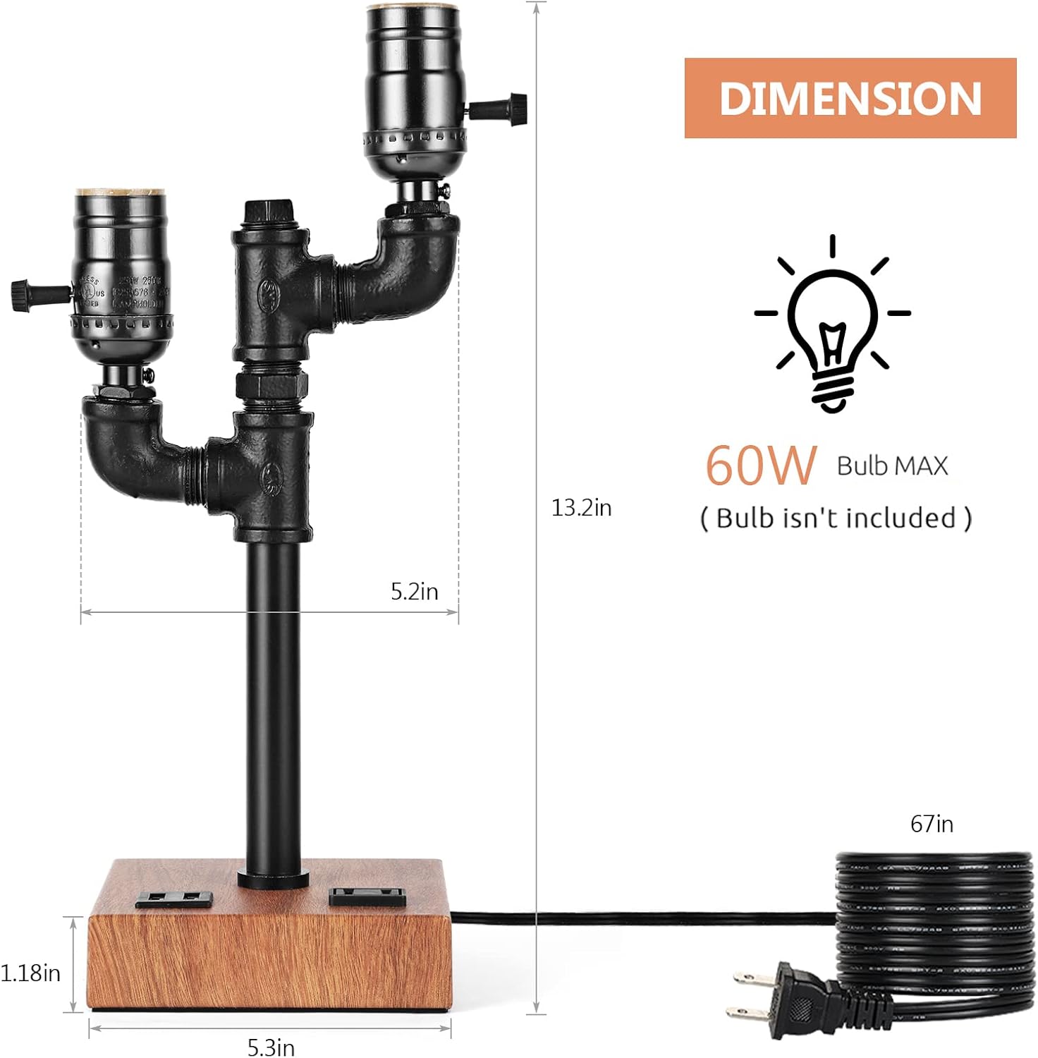 Industrial Table Lamp with 2 USB Ports AC Outlet Wood Base T28061
