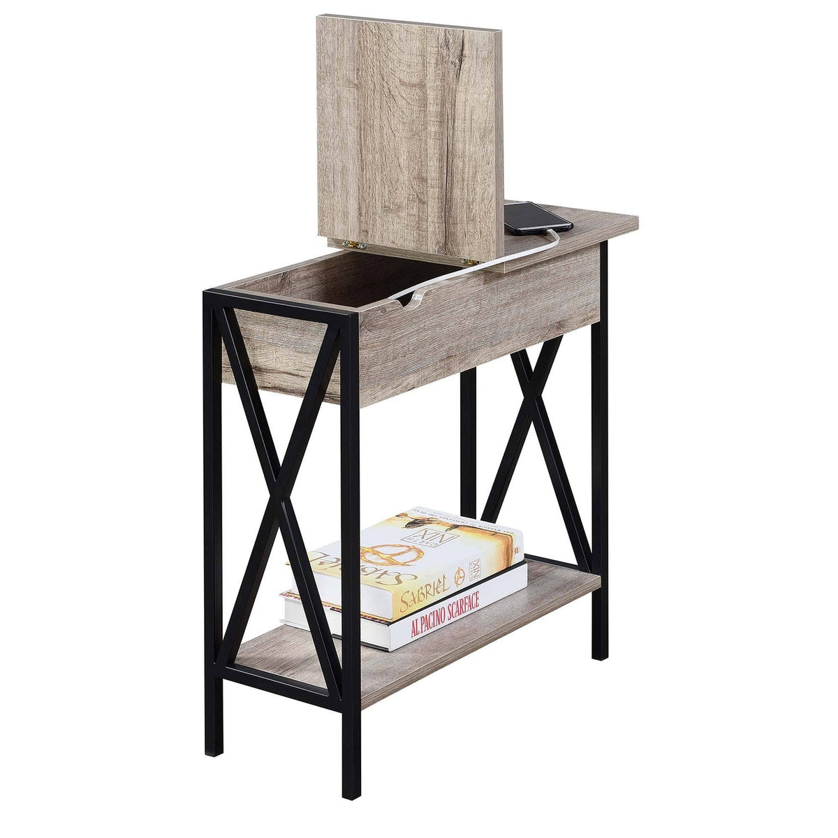 Flip Top End Table with Charging Station Sandstone/Black V8751