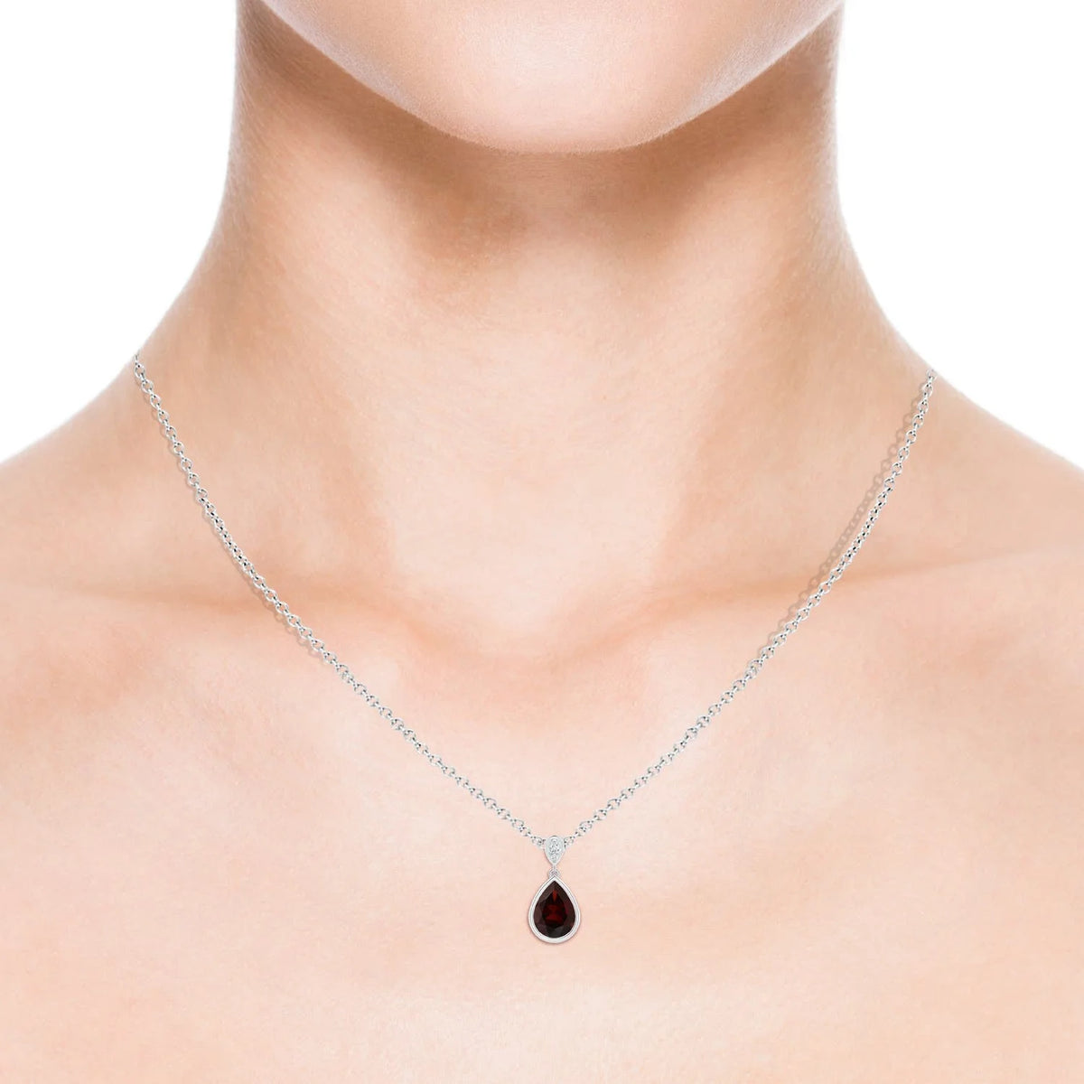 Natural 8x6mm Garnet Dangle Drop Pendant Necklace in Sterling Silver S920