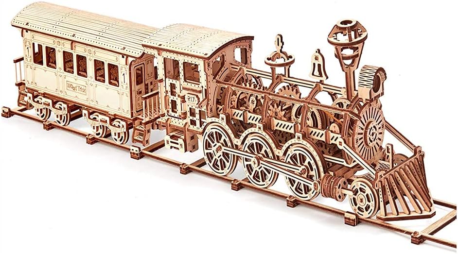 Wooden Toy Train Set with Railway - 34x7″ - Mechanical Model Kit - 3D Wooden Puzzle - DIY Toy Pack of 2 G4074