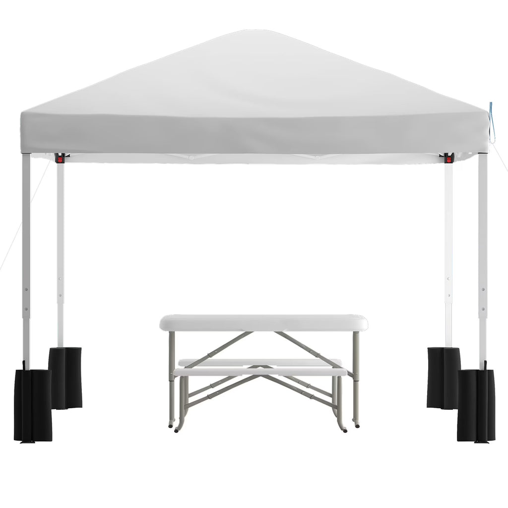 10'x10' White Pop Up Canopy Tent with Wheeled Case and Folding Bench Set S6138