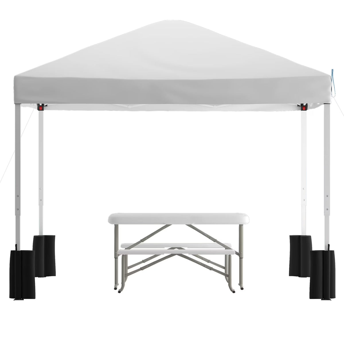 10'x10' White Pop Up Canopy Tent with Wheeled Case and Folding Bench Set S6138