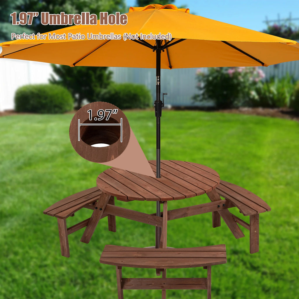 6-Person Outdoor Wooden Picnic Table with 3 Built-in Benches O551