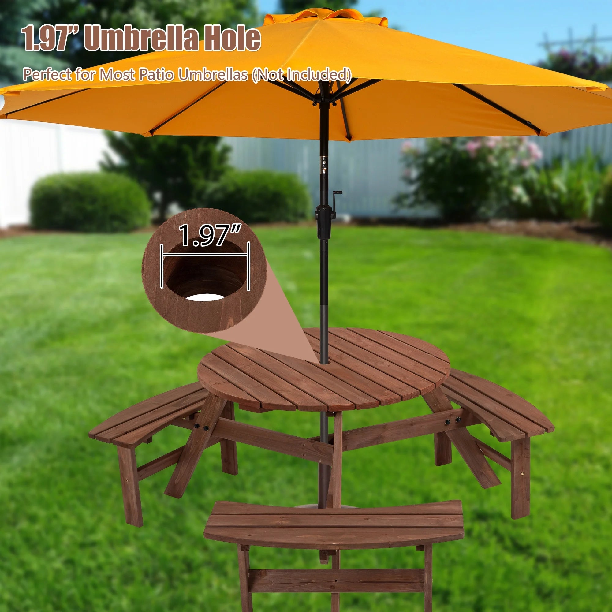 6-Person Outdoor Wooden Picnic Table with 3 Built-in Benches O551