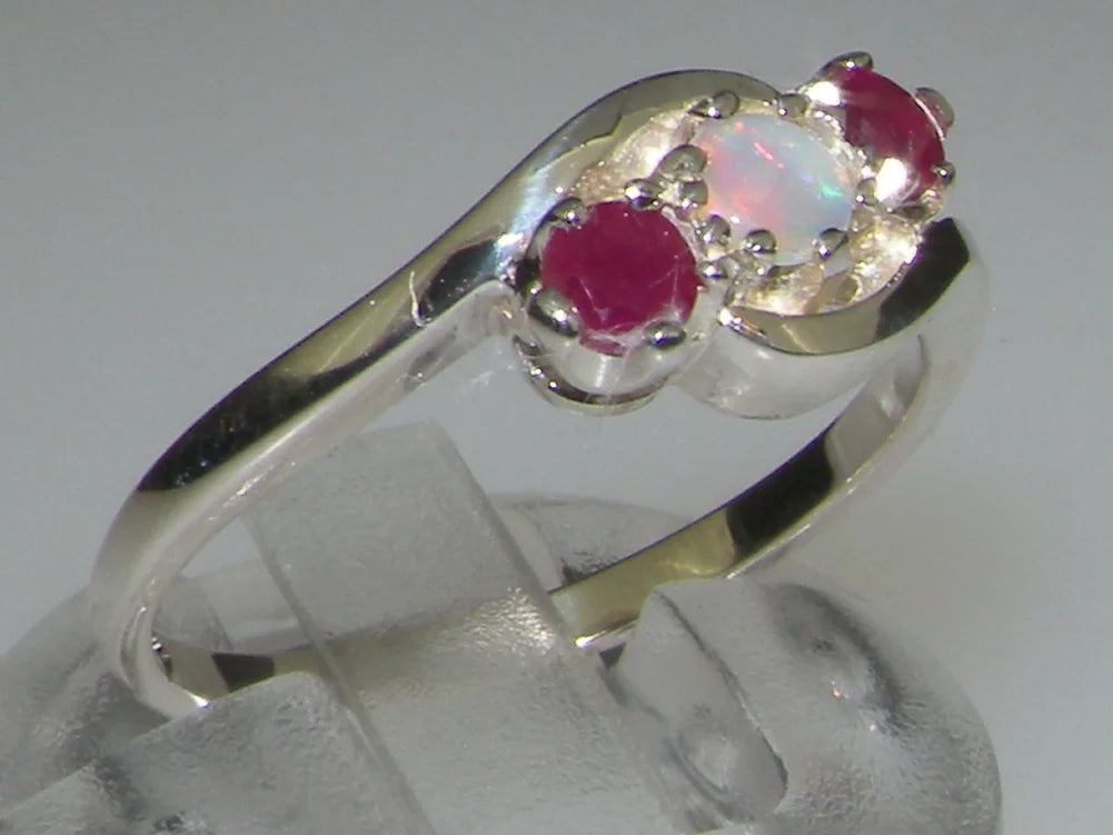 18k White Gold Natural Opal & Ruby Trilogy Ring K1027