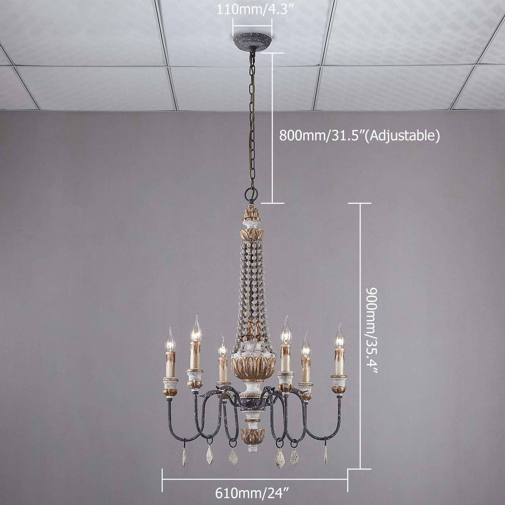 Retro Rustic 6-Light Wood Metal Crystal Candle Style Chandelier B12187