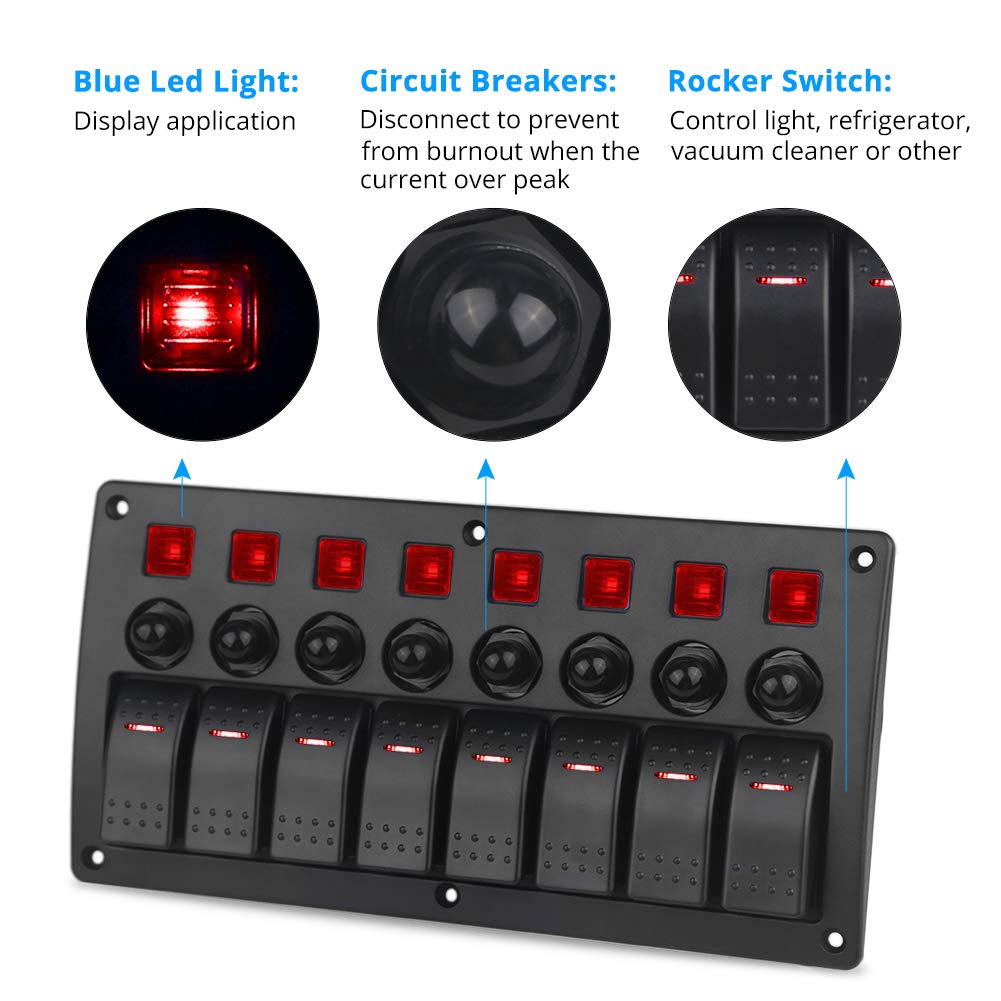 Red 8 Gang Waterproof Toggle Rocker Switch Panel with LED Indicator, Pack of 2 N24437