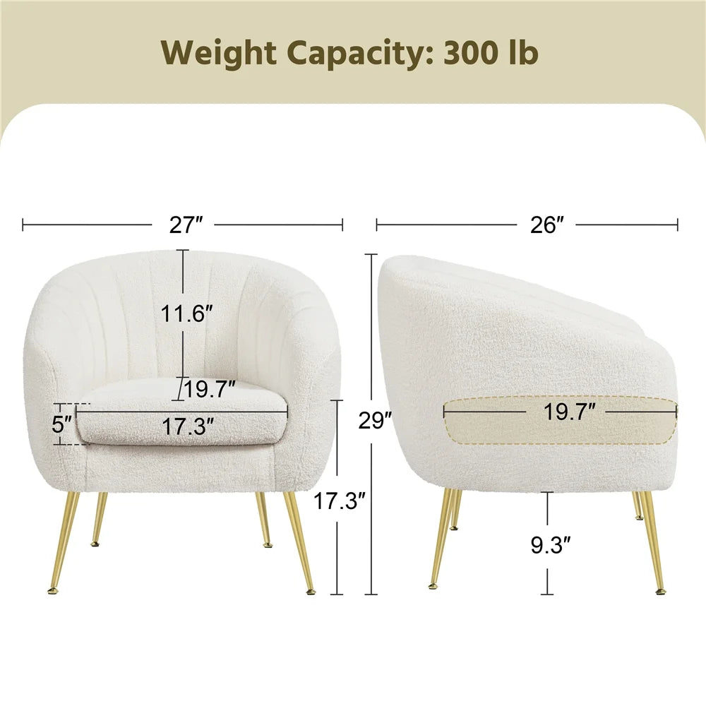 Ivory Tufted Boucle Barrel Accent Armchair with Gold Metal Legs M571