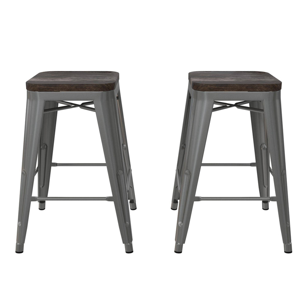 24-Inch Metal Counter Stool with Wood Seat (Set of 2) - Silver S375
