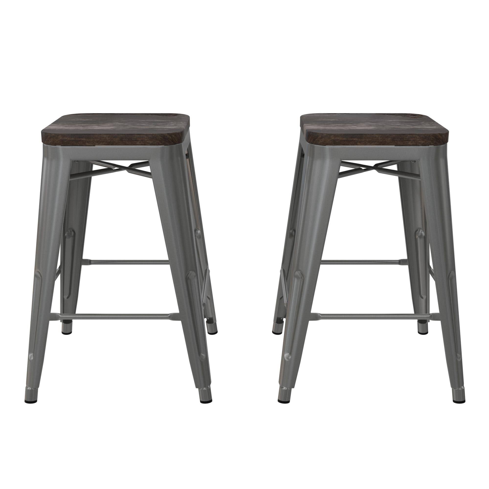 24-Inch Metal Counter Stool with Wood Seat (Set of 2) - Silver S375
