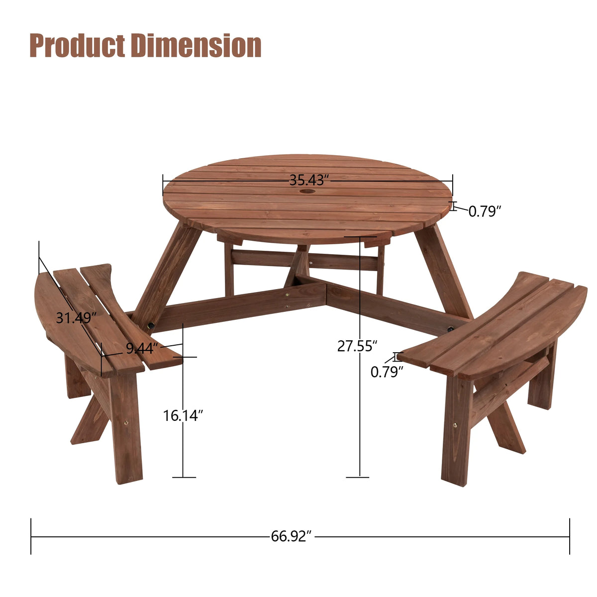 6-Person Outdoor Wooden Picnic Table with 3 Built-in Benches O551
