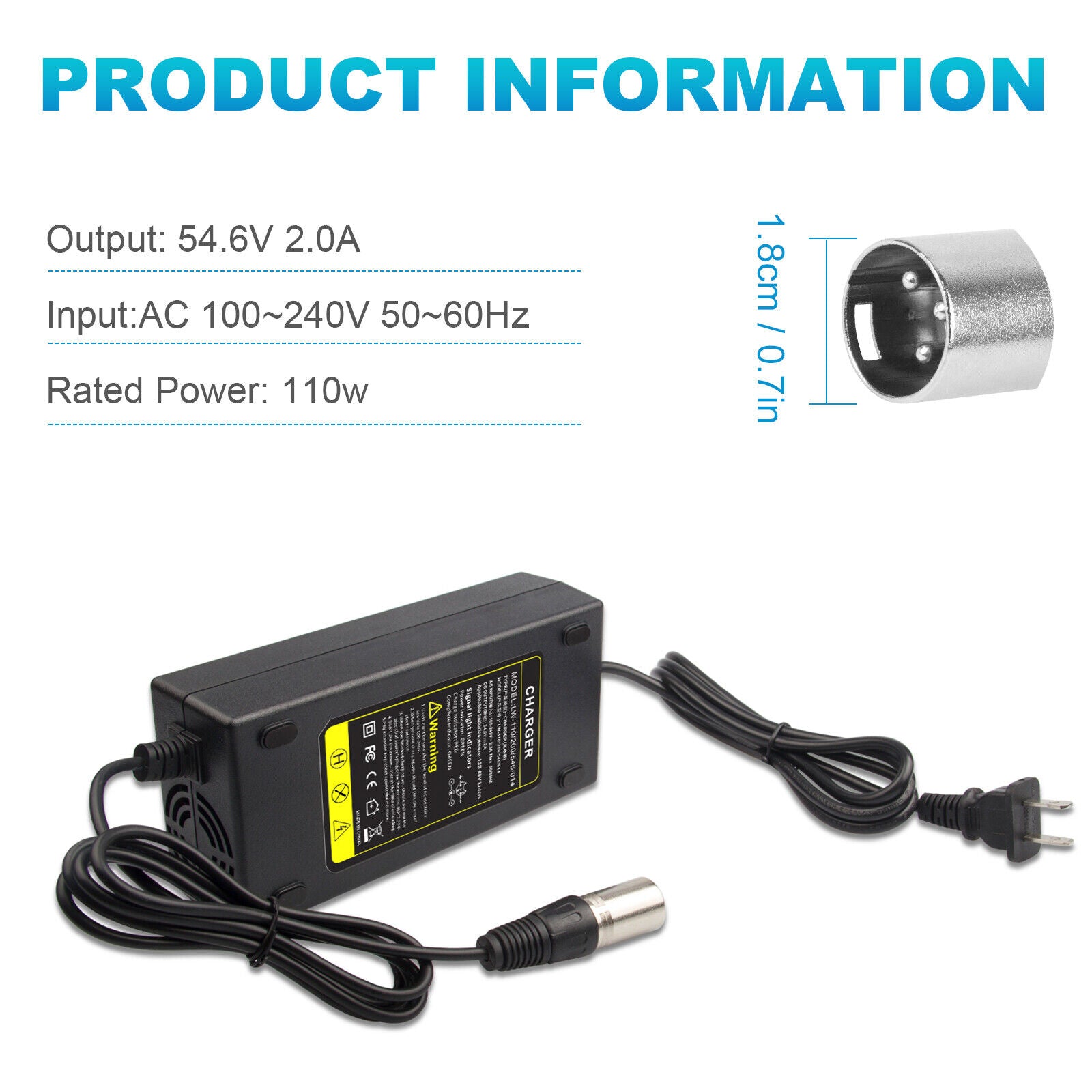 54.6V 2A Charger Electric Bike for 48 Volt Li-Ion Battery Power Supply J1297