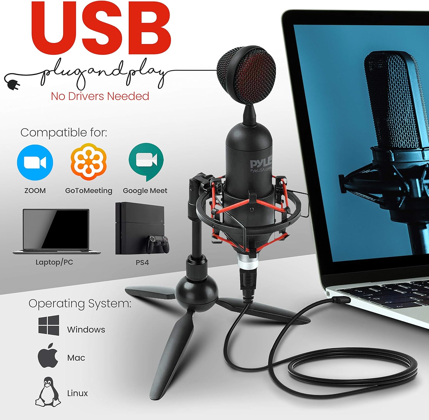 USB Cardioid Condenser Microphone with USB Cable, Built-in Pop Filter, Adjustable Desktop Stand N241581