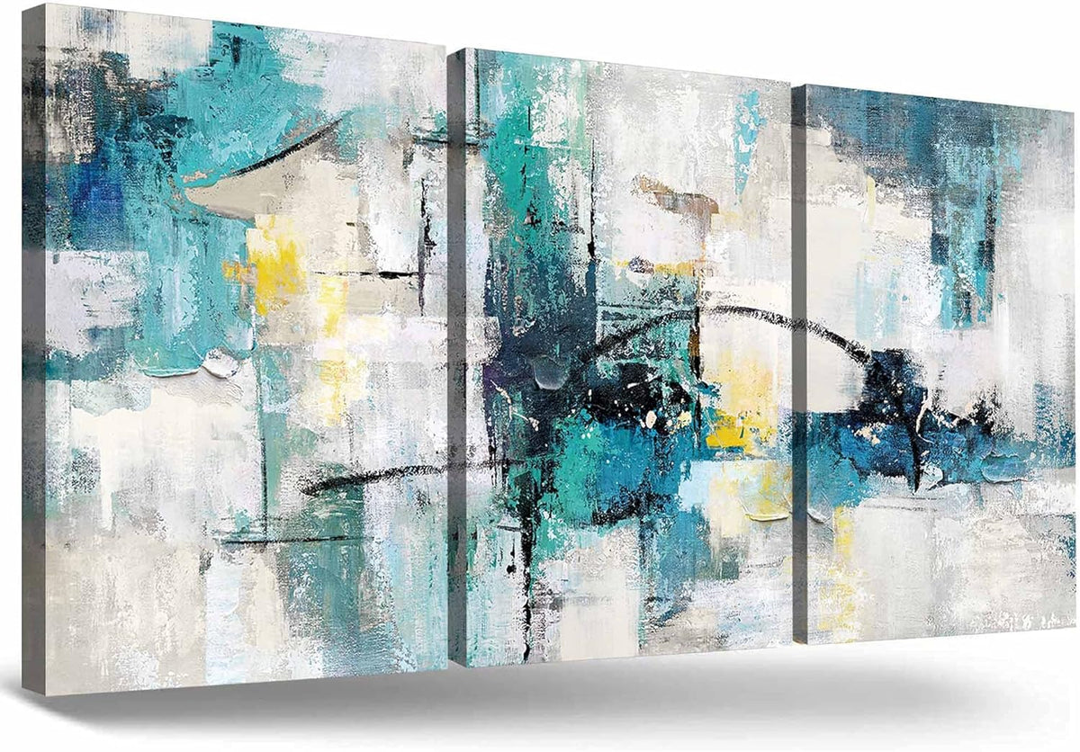 Teal Blue Gray Black Turquoise Abstract Canvas Painting 36''x16'' Y31898