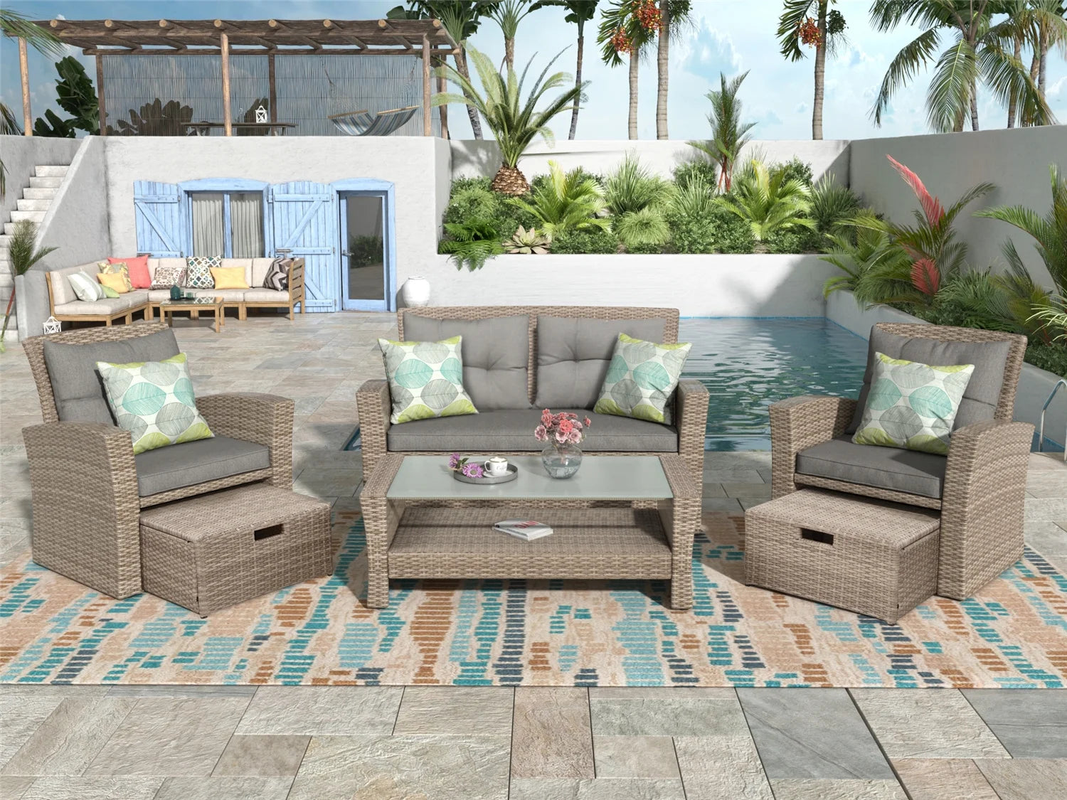 4pc Gray Outdoor Rattan Sectional Sofa with Ottoman and Cushions Z597