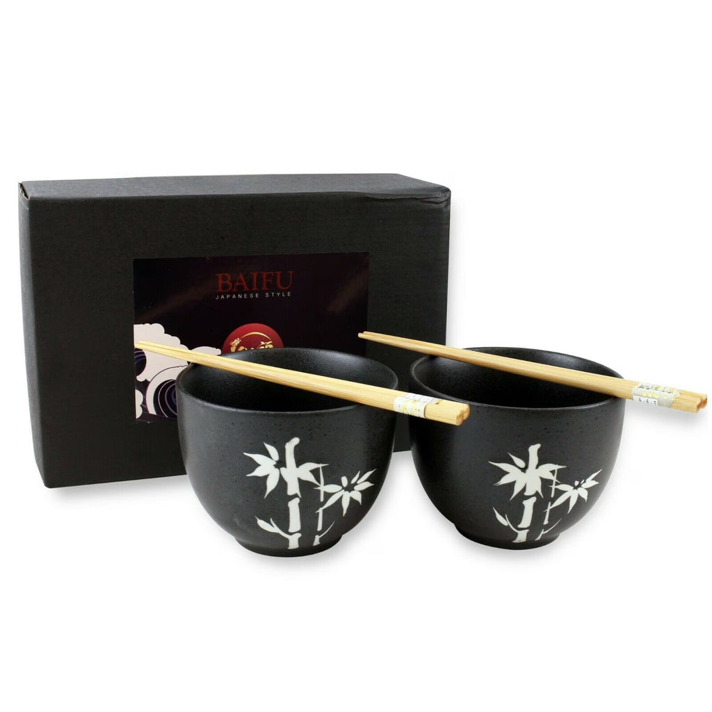 Black Porcelain Dinnerware Set of 2 with Chopsticks Utensils B19646
