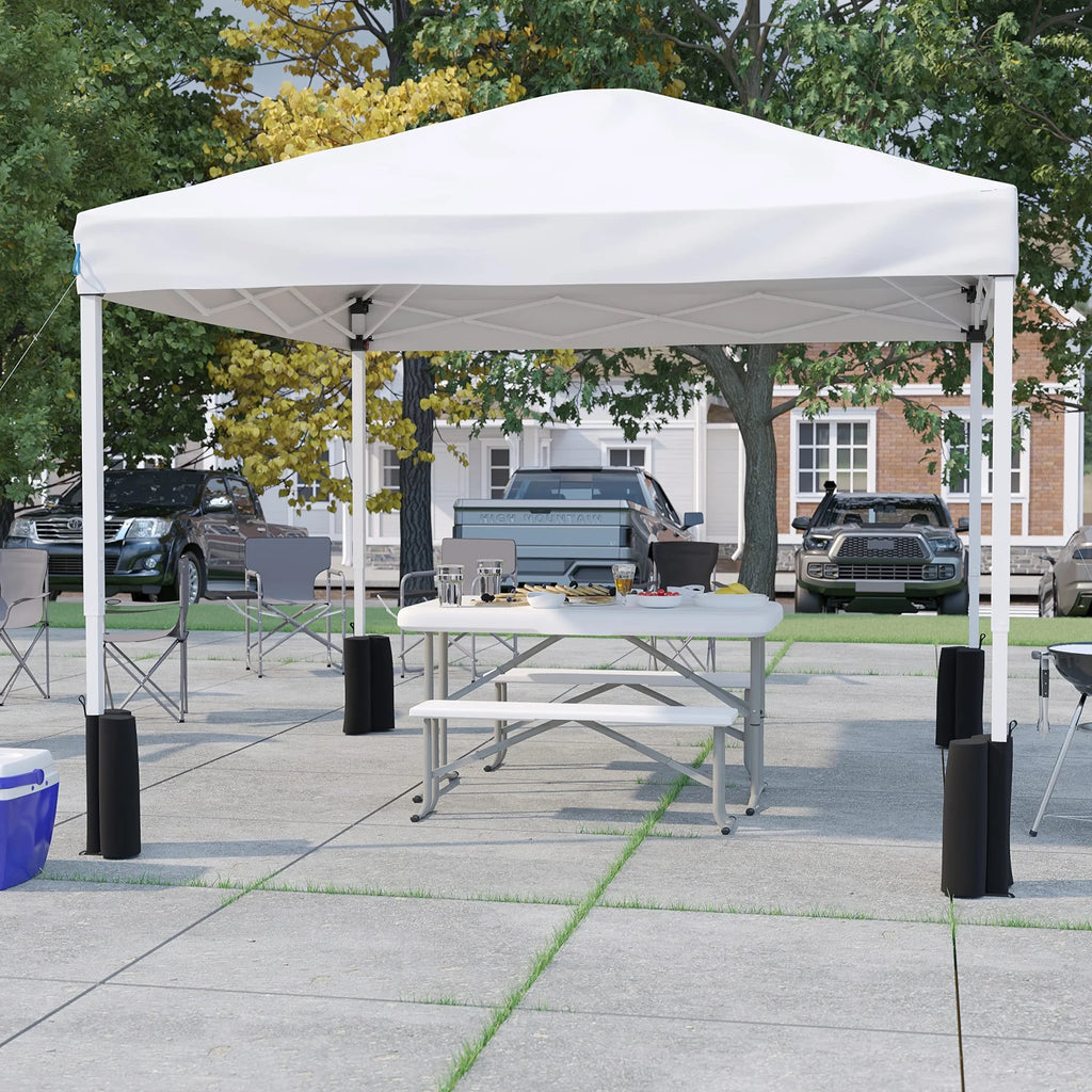 10'x10' White Pop Up Canopy Tent with Wheeled Case and Folding Bench Set S6138