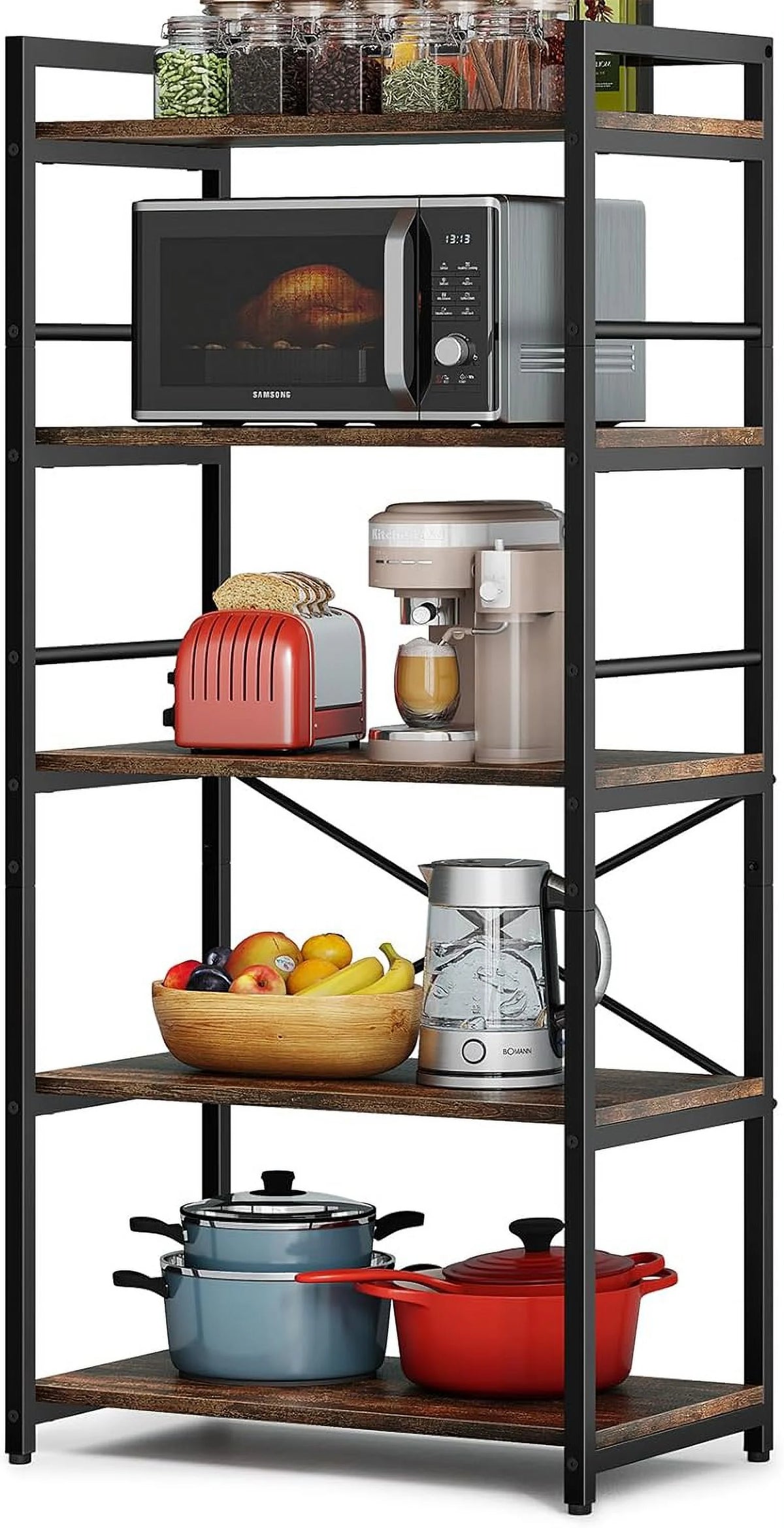 5-Tier Bakers Rack with Storage, Microwave Stand, Free Standing Kitchen Storage Shelf Rack (Black) T238