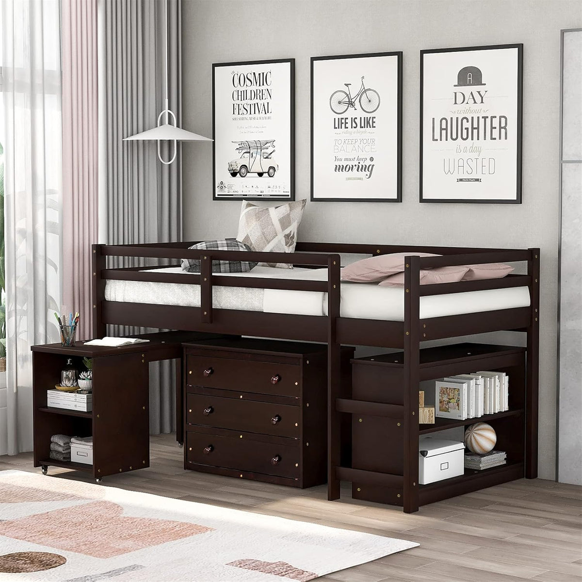 White Wood Twin Low Loft Bed Frame with Storage Drawers and Cabinet C254357