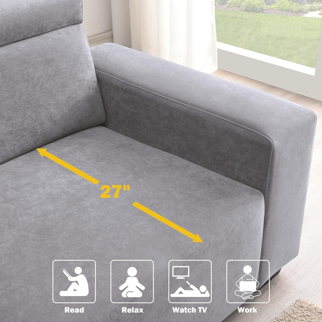 Light Grey Velvet Upholstered Sofa with Adjustable Headrests N136