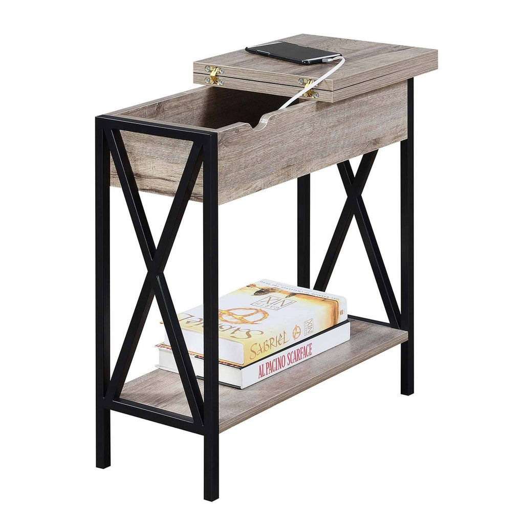 Flip Top End Table with Charging Station Sandstone/Black V8751