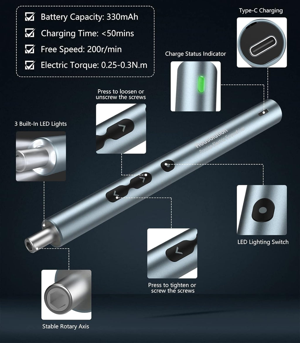Mini Electric Screwdriver 62 In 1 Magnetic Screwdriver Kit with 48PCs Bits, Gray P7920