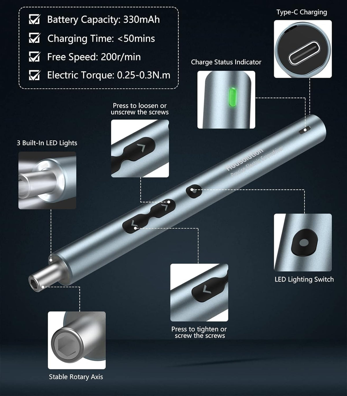 Mini Electric Screwdriver 62 In 1 Magnetic Screwdriver Kit with 48PCs Bits, Gray P7920