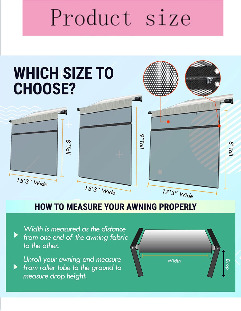 RV Awning Shade Screen 8x15.3’ with Zipper X2433