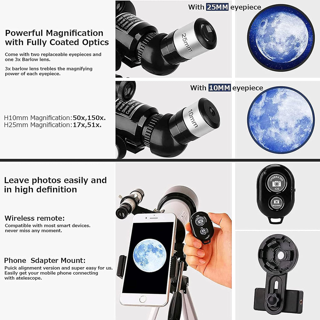 70mm Aperture 400mm AZ Mount Refracting Telescope with Phone Adapter and Wireless Remote Z2060