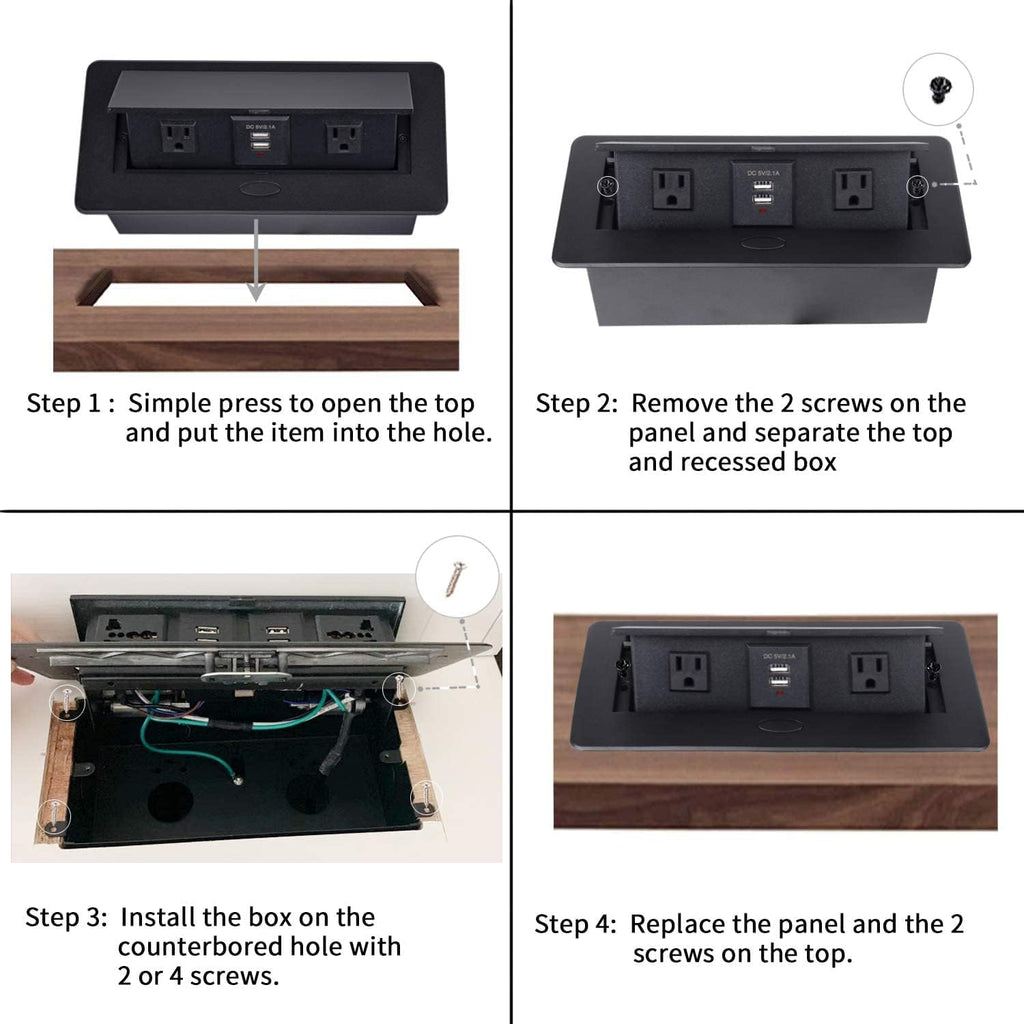 Pop up Outlet Desktop Connection Box with 2 Independent Power, USB, RJ45, VGA, HDMI, 3.5 mm Audio, Black, Pack of 2 I594467