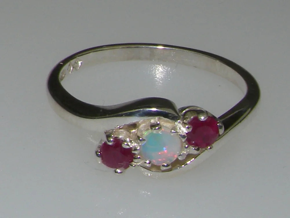 18k White Gold Natural Opal & Ruby Trilogy Ring K1027
