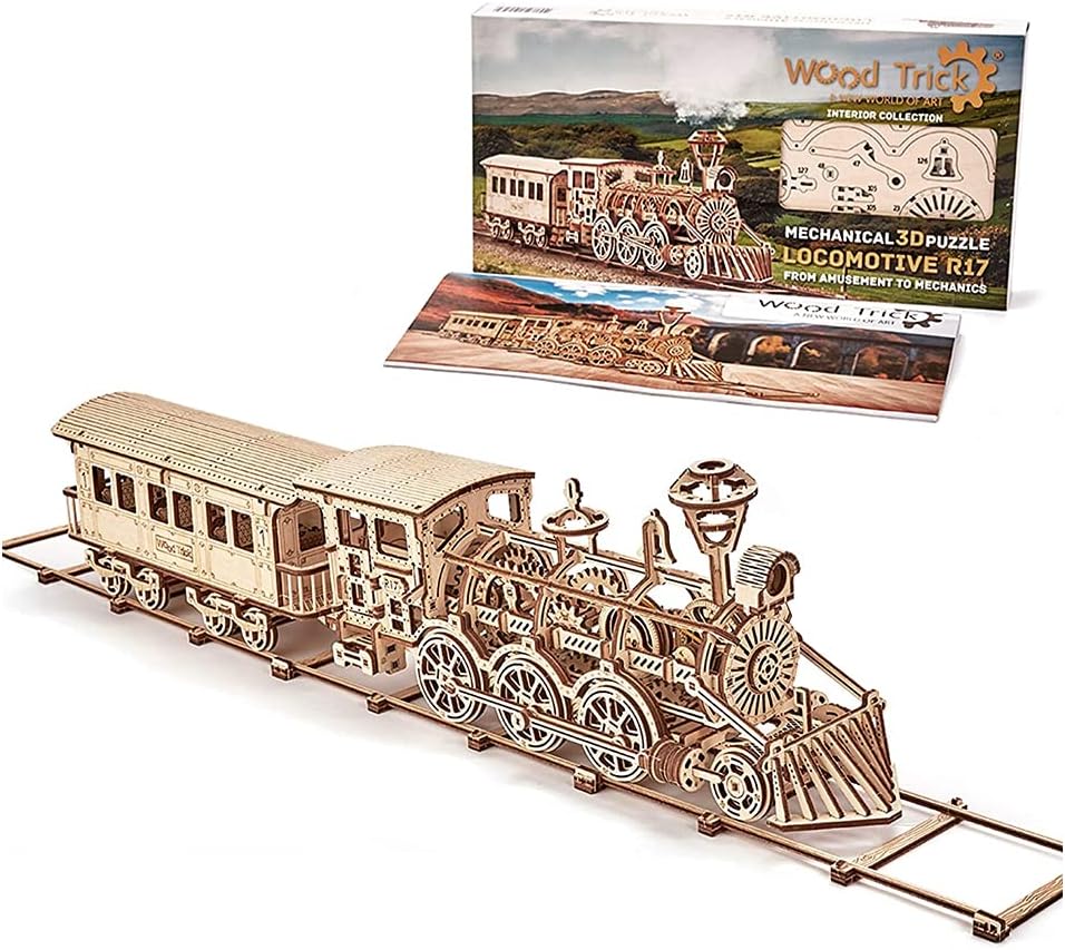 Wooden Toy Train Set with Railway - 34x7″ - Mechanical Model Kit - 3D Wooden Puzzle - DIY Toy Pack of 2 G4074