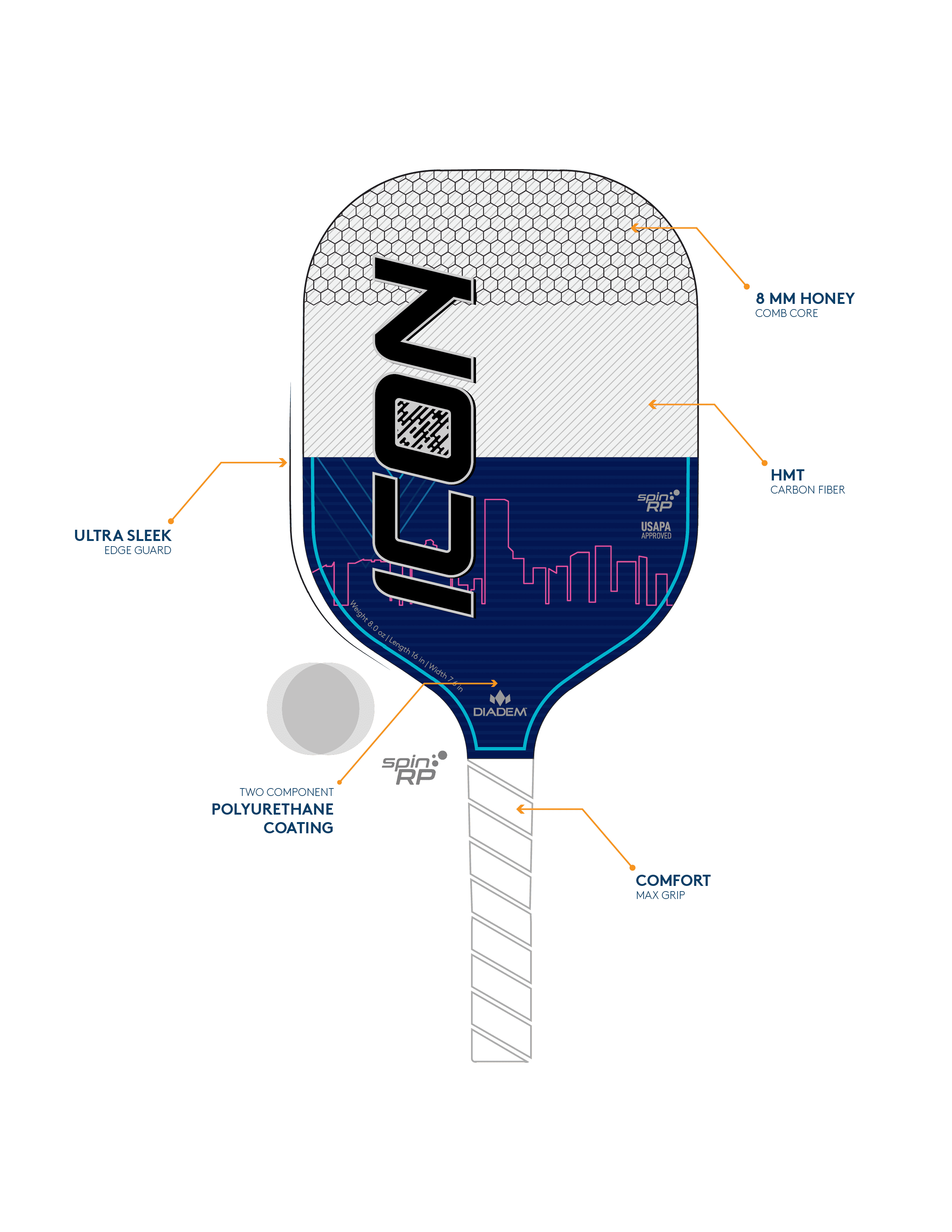 White Liteweight Carbon Fiber Pickleball Paddle, 7.7oz S632