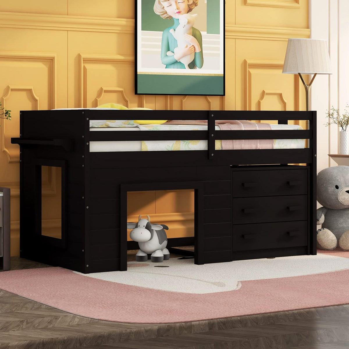 White Wood Twin Low Loft Bed Frame with Storage Drawers and Cabinet C254357