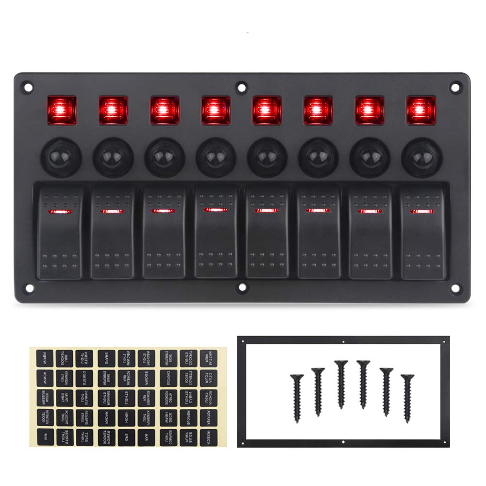 Red 8 Gang Waterproof Toggle Rocker Switch Panel with LED Indicator, Pack of 2 N24437